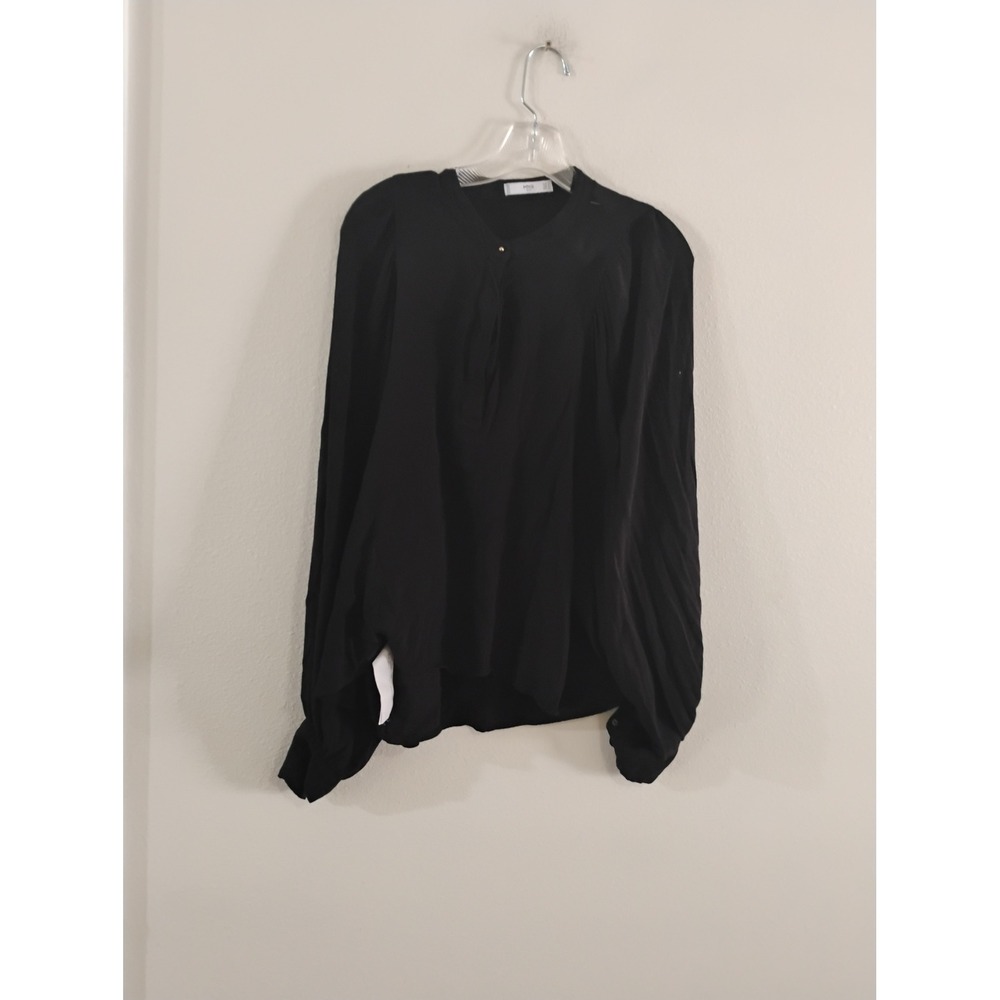 MNG Suit Mango Black Long Sleeve Blouse Pleated Puff Shoulder Top Size 6 Medium